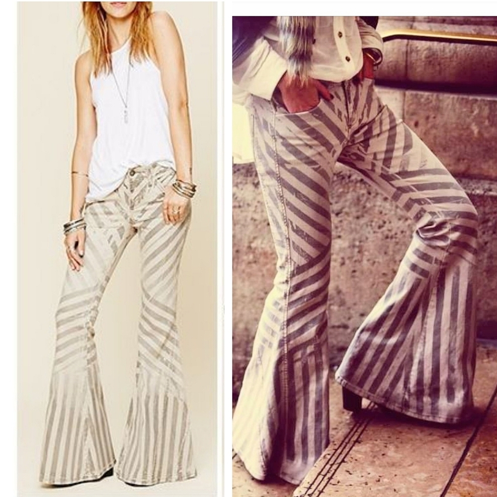 Rare Free People Jailbird Super Flare denim pants Striped cream charcoal
